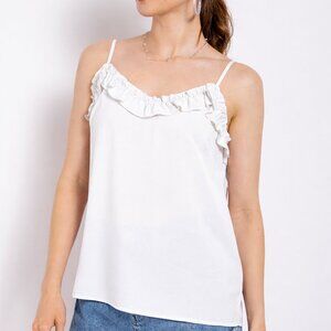 GIGIO Bright White Ruffle Trim Cami Top • Spaghetti Strap • Flowy Satin-Look